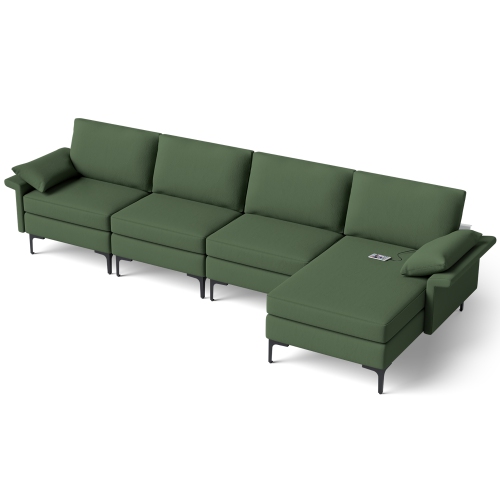 Costway Modern Modular L-shaped Sectional Sofa USB Sofa w/ Reversible Chaise & 2 USB Ports Green