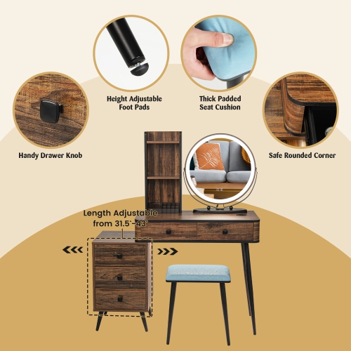 Costway Vanity Makeup Table Set 3-Color Dimmable Human Body Induction LED Light