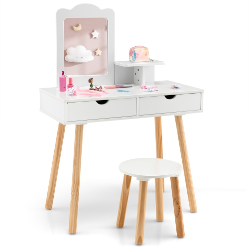 Costway Kid Vanity Table Chair Set with Mirror Large Storage Drawers Wooden Legs White