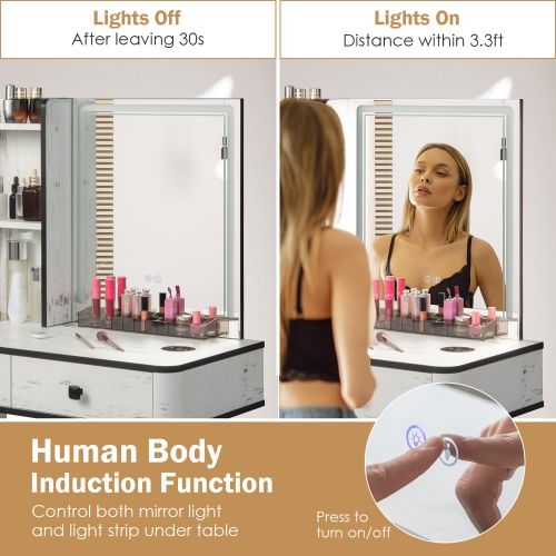 Costway Vanity Makeup Table Set 3-Color Dimmable Human Body Induction LED Light