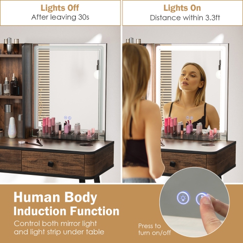 Costway Vanity Makeup Table Set 3-Color Dimmable Human Body Induction LED Light