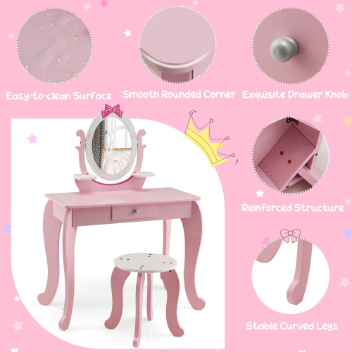 Ensemble de tabourets pour coiffeuse avec tiroir de rangement ajustable et miroir de Costway, rose