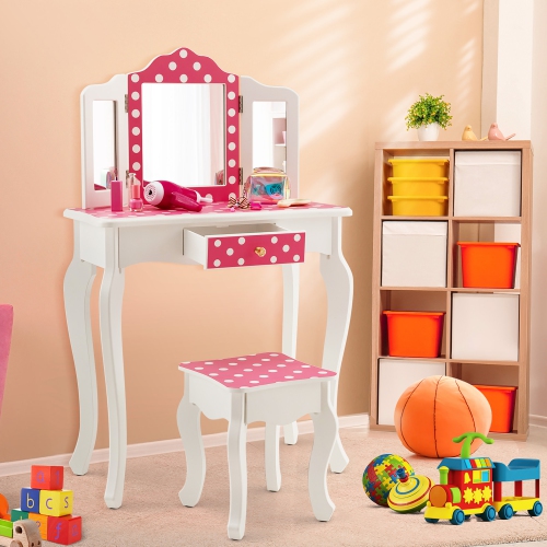 Costway Kid Vanity Set Wooden Makeup Table Stool Tri-Folding Mirror Polka Dot Print Pink