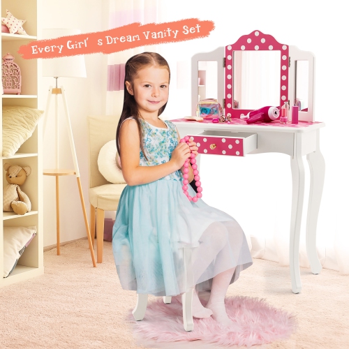 Costway Kid Vanity Set Wooden Makeup Table Stool Tri-Folding Mirror Polka Dot Print Pink