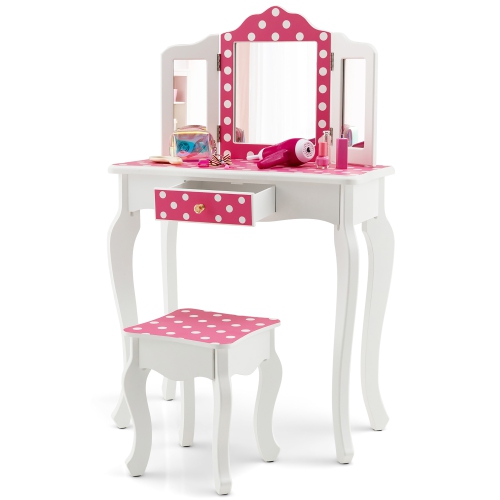 Costway Kid Vanity Set Wooden Makeup Table Stool Tri-Folding Mirror Polka Dot Print Pink