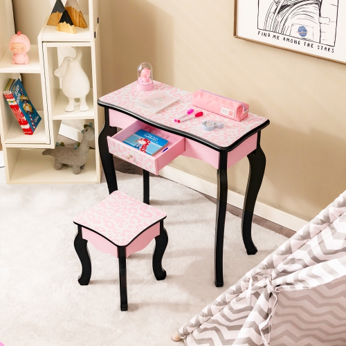 Costway Kid Vanity Set Wooden Makeup Table Stool Tri-Folding Mirror Leopard Print Pink