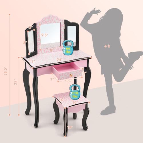 Costway Kid Vanity Set Wooden Makeup Table Stool Tri-Folding Mirror Leopard Print Pink