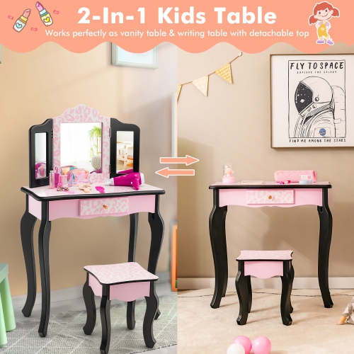 Costway Kid Vanity Set Wooden Makeup Table Stool Tri-Folding Mirror Leopard Print Pink