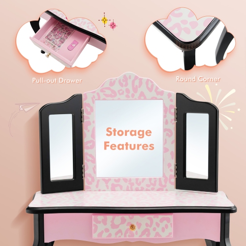 Costway Kid Vanity Set Wooden Makeup Table Stool Tri-Folding Mirror Leopard Print Pink