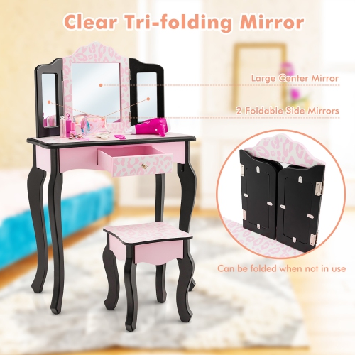 Costway Kid Vanity Set Wooden Makeup Table Stool Tri-Folding Mirror Leopard Print Pink