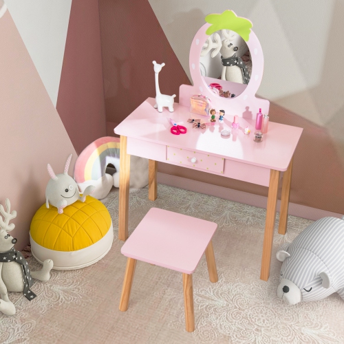 Costway Kid Vanity Table Stool Set with Mirror Wooden Legs Storage Drawer Pink