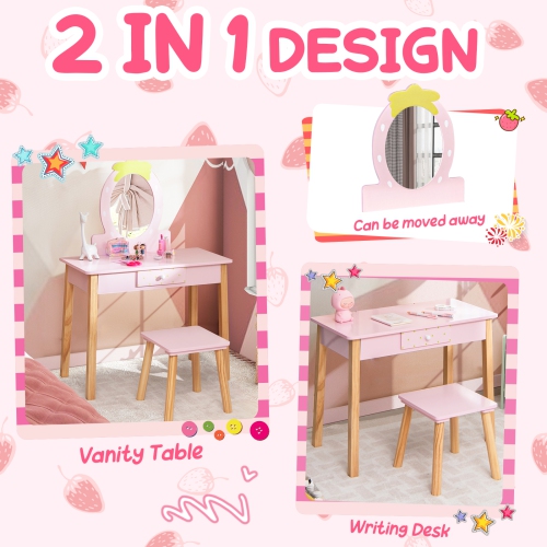 Costway Kid Vanity Table Stool Set with Mirror Wooden Legs Storage Drawer Pink