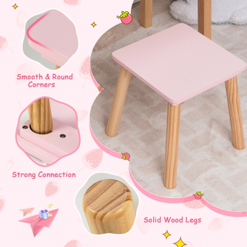 Costway Kid Vanity Table Stool Set with Mirror Wooden Legs Storage Drawer Pink