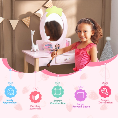 Costway Kid Vanity Table Stool Set with Mirror Wooden Legs Storage Drawer Pink