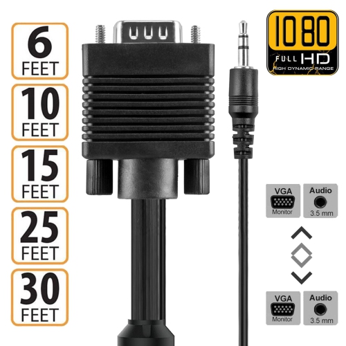 SVGA + Audio Monitor Cable, Male to Male 1080P Super VGA Display Cord for PC TV