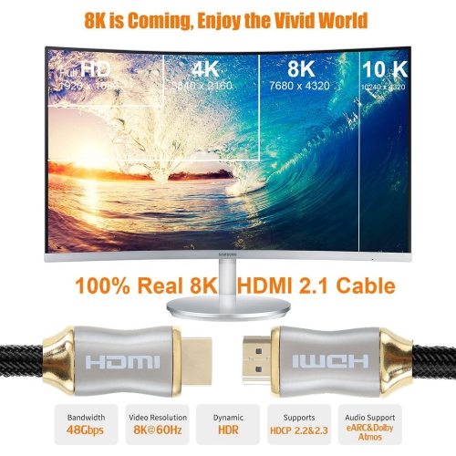 NIERBO Silver 8K HDMI 2.1 Cable 49FT/15M, Supports 48Gbps 8K@60Hz 4K@120Hz eARC HDCP2.2 2.3 Compatible with Apple Sony LG Samsung TV, PS5, PS4, One