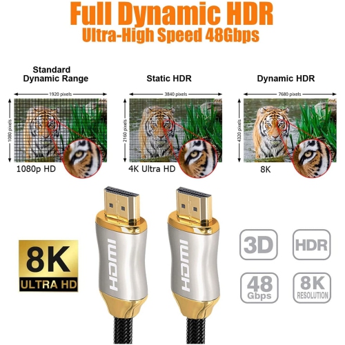 NIERBO Silver 8K HDMI 2.1 Cable 49FT/15M, Supports 48Gbps 8K@60Hz 4K@120Hz eARC HDCP2.2 2.3 Compatible with Apple Sony LG Samsung TV, PS5, PS4, One