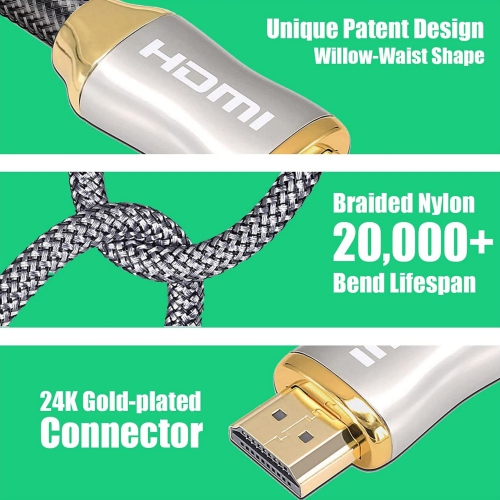NIERBO Silver 8K HDMI 2.1 Cable 6.6FT/2M, Supports 48Gbps 8K@60Hz 4K@120Hz eARC HDCP2.2 2.3 Compatible with Apple Sony LG Samsung TV, PS5, PS4, One