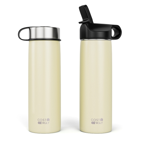 Costway 22 oz Double Wall Insulated Water Bottle Stainless Steel w/ 2 Lids & Straw