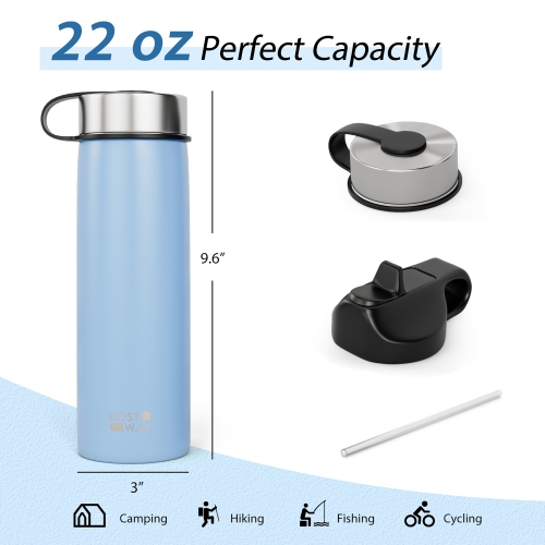 Costway 22 oz Double Wall Insulated Water Bottle Stainless Steel w/ 2 Lids & Straw