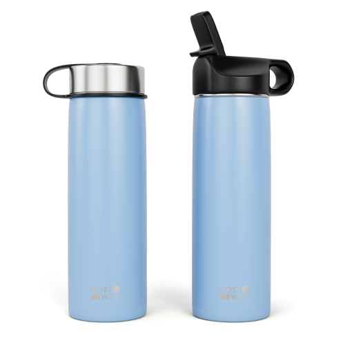 Costway 22 oz Double Wall Insulated Water Bottle Stainless Steel w/ 2 Lids & Straw