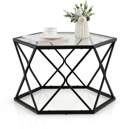 COSTWAY  Coffee Table Geometric Glass Modern W/tempered Glass Top & Metal Legs Living Room