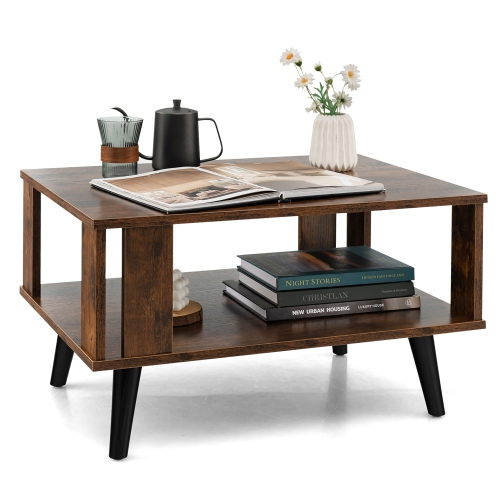 Costway Coffee Table Retro Mid-Century Coffee Table W/Storage Open Shelf Living Room