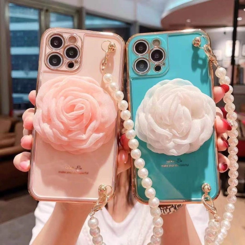 Apple iPhone 12 Pro Max Women Wrist Chain Bracelet Heavy Duty Case Luxury Silicone Flower Cover