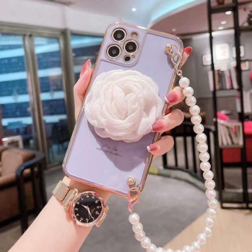 Apple iPhone 12/12 Pro Women Wrist Chain Bracelet Heavy Duty Case Luxury Silicone Flower Cover