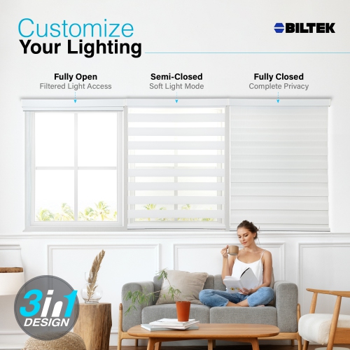 Stores sans fil à lamelles en forme de zèbre avec deux couches : Stores Unis et diaphane. Blanc, 68 larg. X 72 haut.