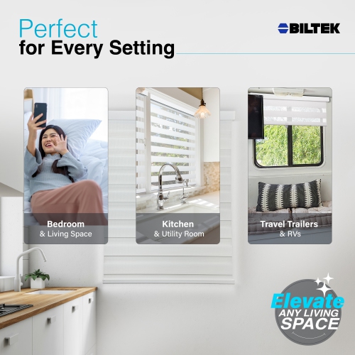 Stores sans fil à lamelles en forme de zèbre avec deux couches : Stores Unis et diaphane. Blanc, 68 larg. X 72 haut.