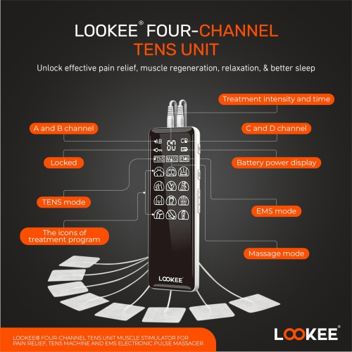 LOOKEE® LK113 Premium LED 4-Channel TENS Unit Stimulateur musculaire de massage EMS pour la thérapie de soulagement de la douleur | Masseur