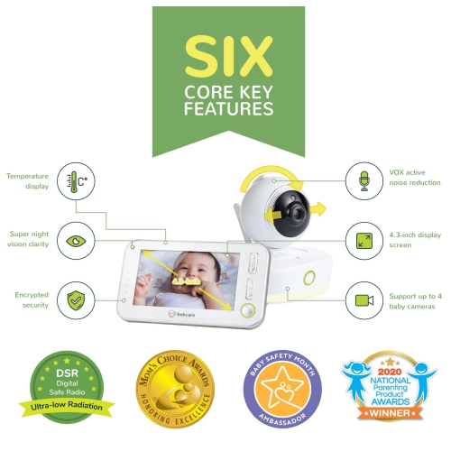 Bebcare Motion - Digital Low EMF Emissions Video Baby Monitor with 4.3" True Color Screen, Temperature, Movement Detection, Night Light, Music