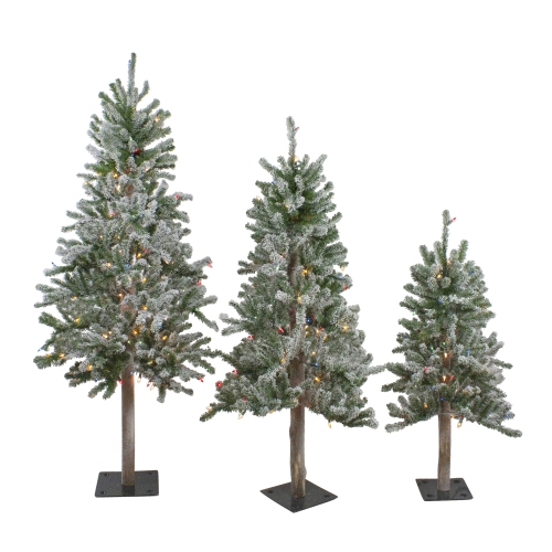 Pre-Lit Slim Flocked Alpine Artificial Christmas Trees - 5' - Multi Lights - Set of 3