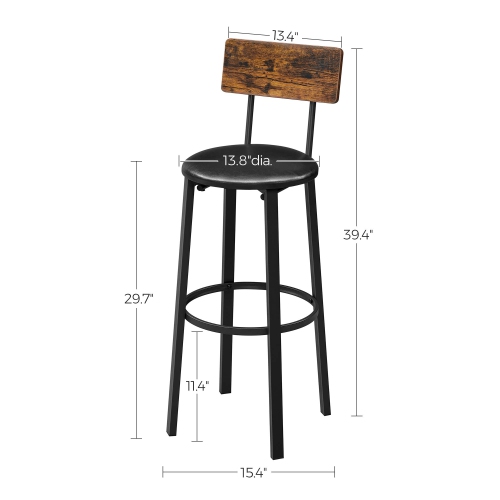 Bar Stools, Set of 2 PU Upholstered Breakfast Stools, 15.4 x 15.4 x 29.7 Inches, Footrest, Simple Assembly,