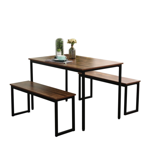 Dining Table with 2 Benches Dining Room Sets for Kitchen, Brown