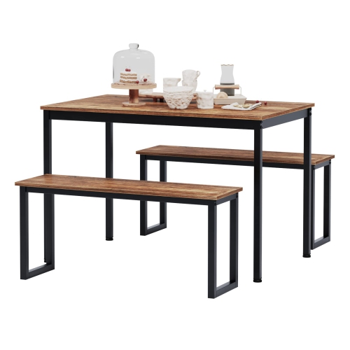 Dining Table with 2 Benches Dining Room Sets for Kitchen, Brown
