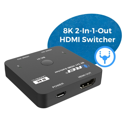 OREI 2x1 HDMI Switcher W/ Audio Out: 2-In 1-Out, UltraHD 8K, EDID
