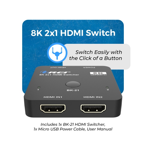 OREI 2x1 HDMI Switcher W/ Audio Out: 2-In 1-Out, UltraHD 8K, EDID