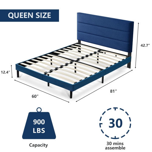 Furniture One Queen Size Bed Frame with Upholstered Headboard Blue