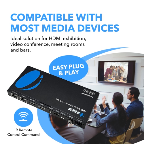 1x2 HDMI Extender Splitter Over CAT6/7 Up to 165 Ft- Loop-Out, IR Control & EDID