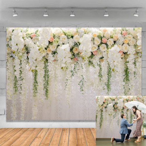 Bridal Shower 7x5ft Vinyl Wedding Floral Wall Backdrop White and Green Wisteria Rose Flowers Dessert Table Decoration