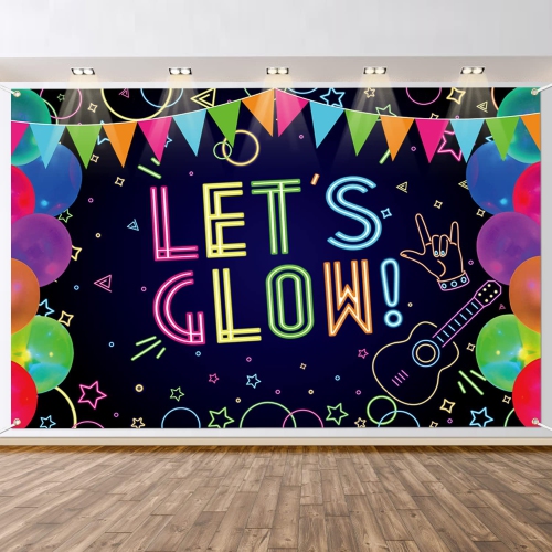 Glow Neon Birthday Party Backdrop-Glow in The Dark Let’s Glow Banner Backdrop Black Light Themed Photography