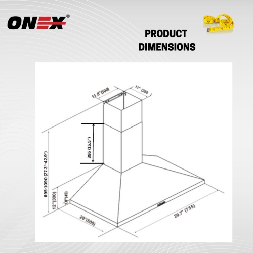 ONEX® OHF66D Stainless Steel Wall Mount 30 inch Range Hood.