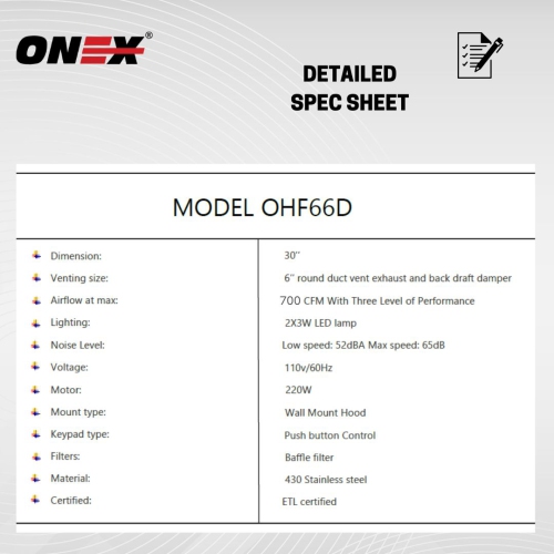 ONEX® OHF66D Stainless Steel Wall Mount 30 inch Range Hood.