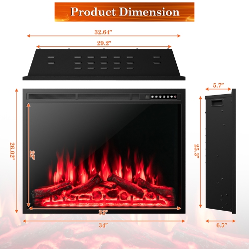 Costway 34"Electric Fireplace Insert Heater Log Flame Effect w/ Remote Control 1500W
