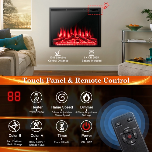 Costway 34"Electric Fireplace Insert Heater Log Flame Effect w/ Remote Control 1500W