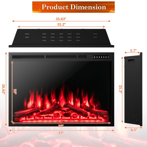 Costway 37"Electric Fireplace Insert Heater Log Flame Effect w/ Remote Control 1500W