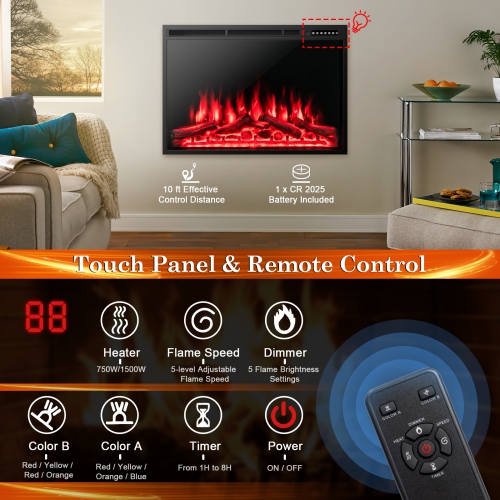 Costway 37"Electric Fireplace Insert Heater Log Flame Effect w/ Remote Control 1500W