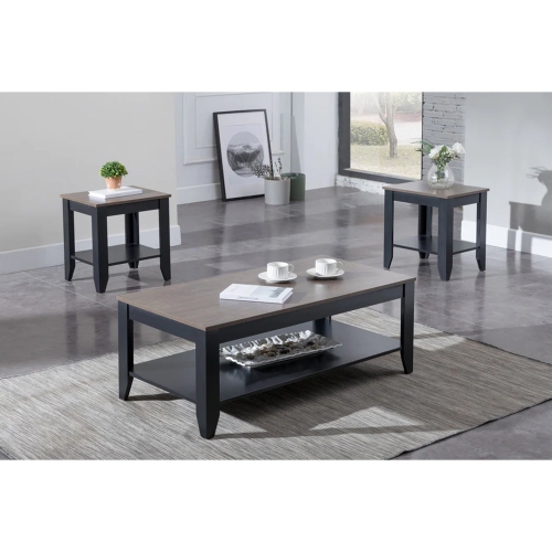 IFDC - Set of 1 Coffee Table and 2 Side Table with Wooden Top and Black Metal Base